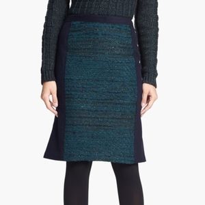 TORY BURCH ‘Keegan’ Navy Blue & Green Boucle Flared Hem Pencil Skirt NWT